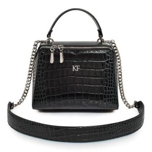 Leather Top Handle Bag, Black/Green Leather Handbag Top Handle, Women's Leather Bag KF-3180