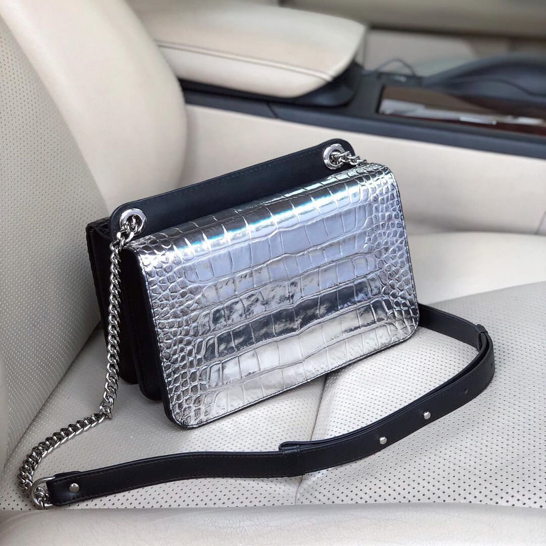 Leather Bag on a chain, Black/Silver Leather crocodile print Bag, Women's Leather Bag KF-3391 - Image 9