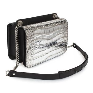 Leather Bag on a chain, Black/Silver Leather crocodile print Bag, Women's Leather Bag KF-3391