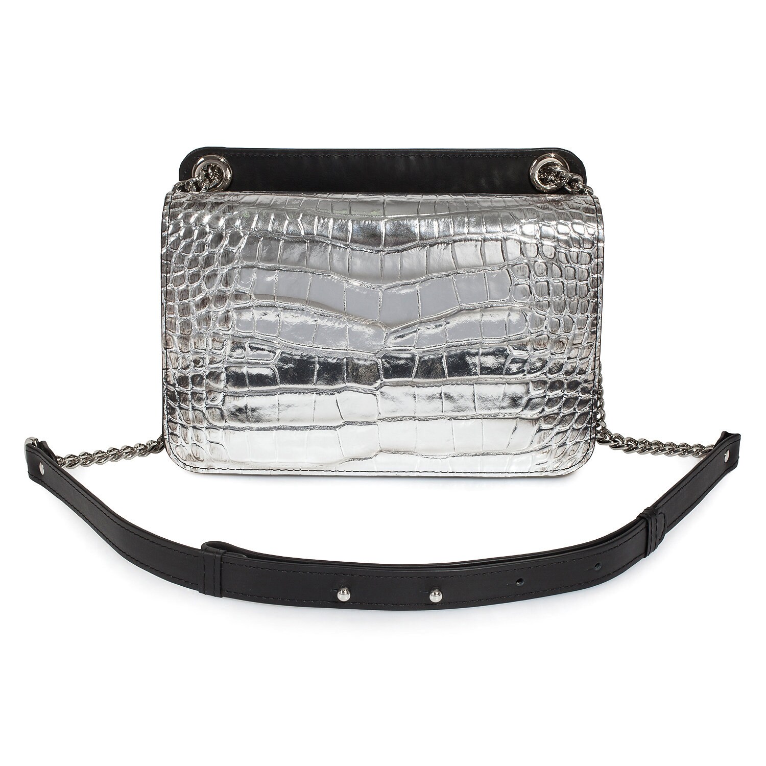 Leather Bag on a chain, Black/Silver Leather crocodile print Bag, Women's Leather Bag KF-3391 - Image 3