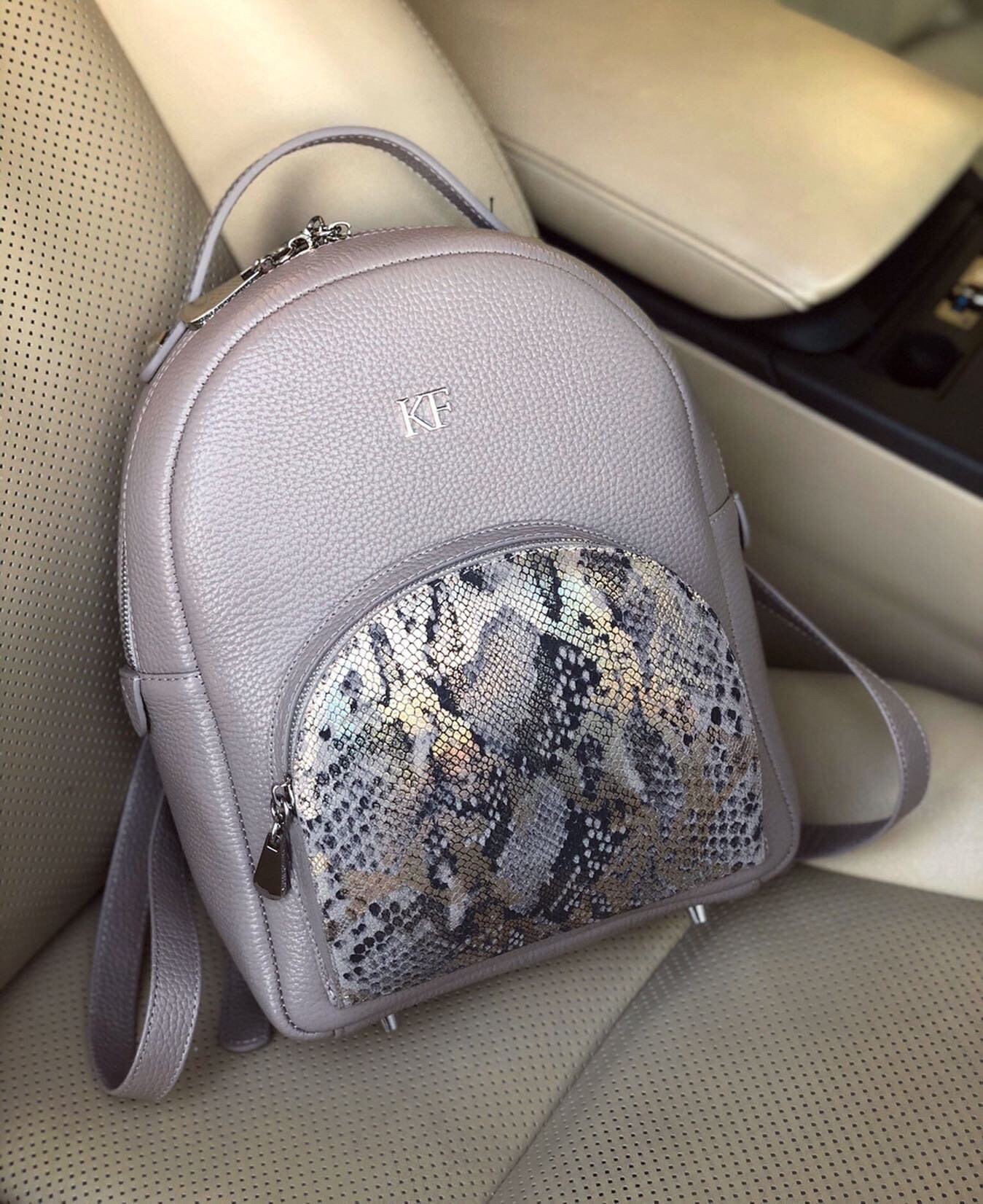 Leather Backpack, Leather Backpack Women, Gray beige Leather Backpack KF-3592