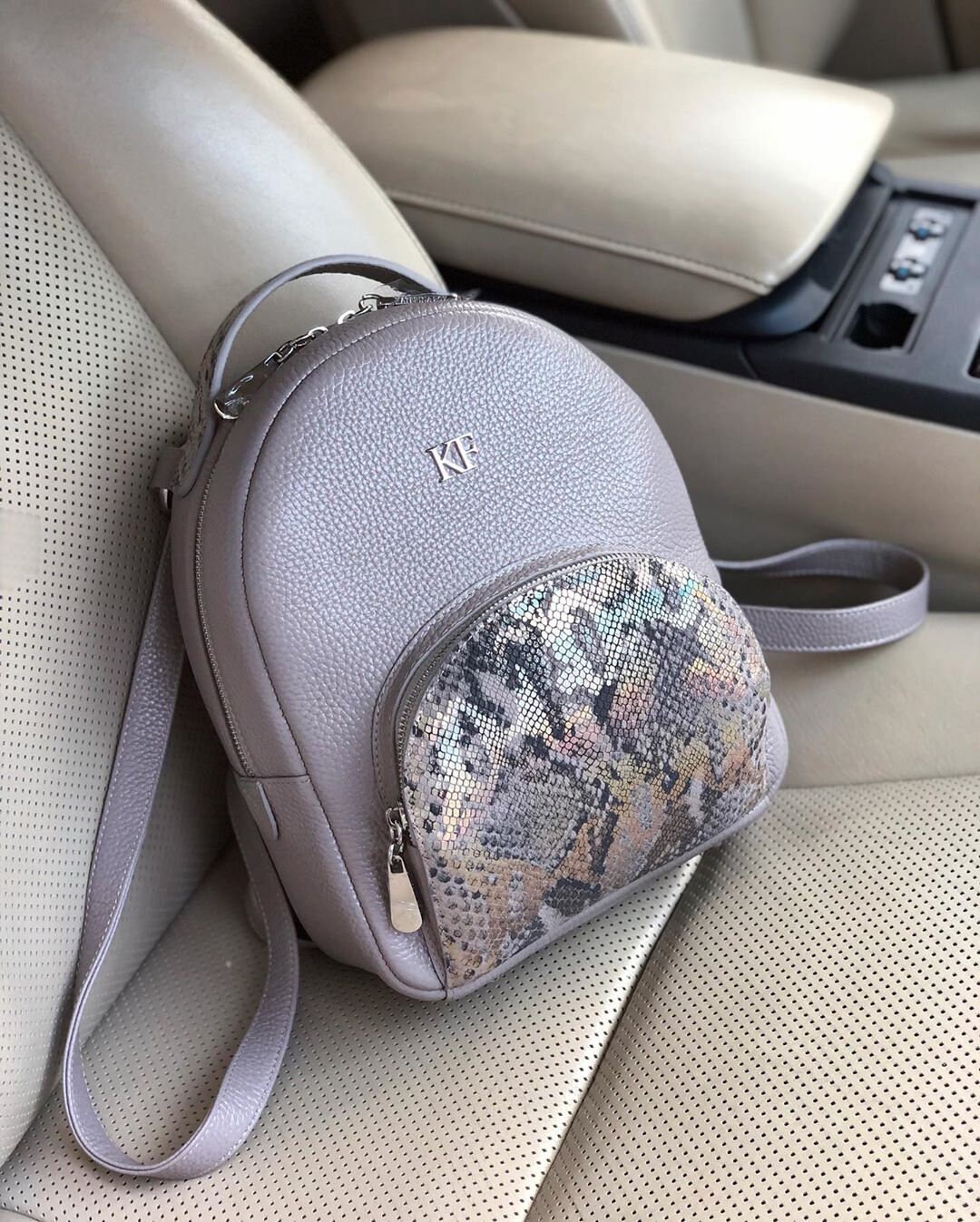 Leather Backpack, Leather Backpack Women, Gray beige Leather Backpack KF-3662 - Image 6