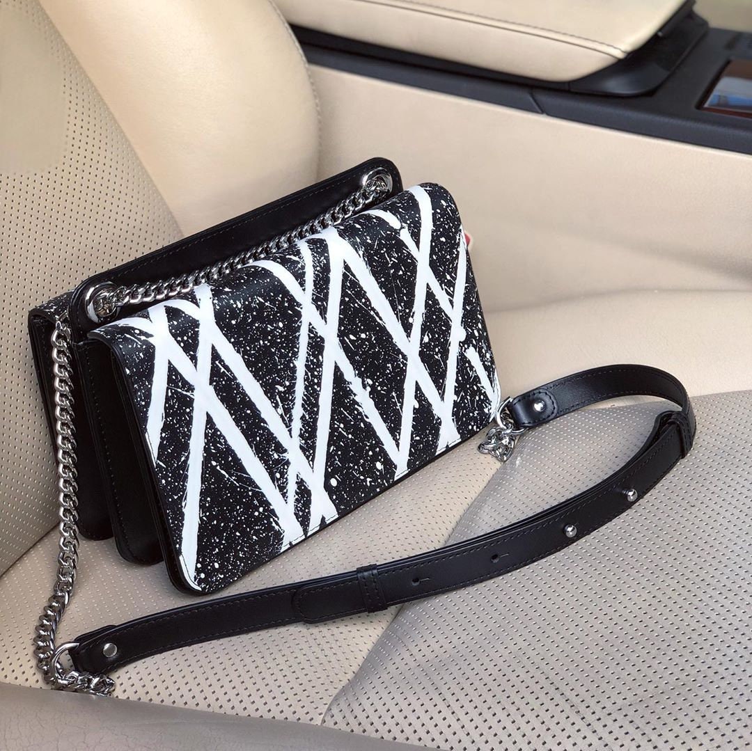 Leather Bag on a chain, Black-white Leather crocodile print Bag, Women's Leather Bag KF-3790 - Image 8