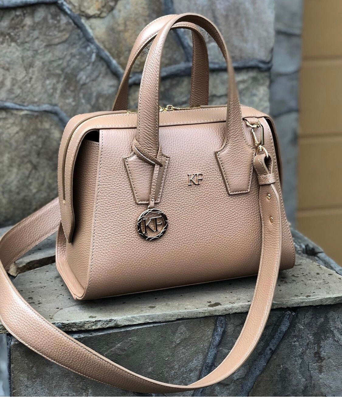 Leather Top Handle Bag, Tan Leather Handbag Top Handle, Women's Leather Bag KF-4204