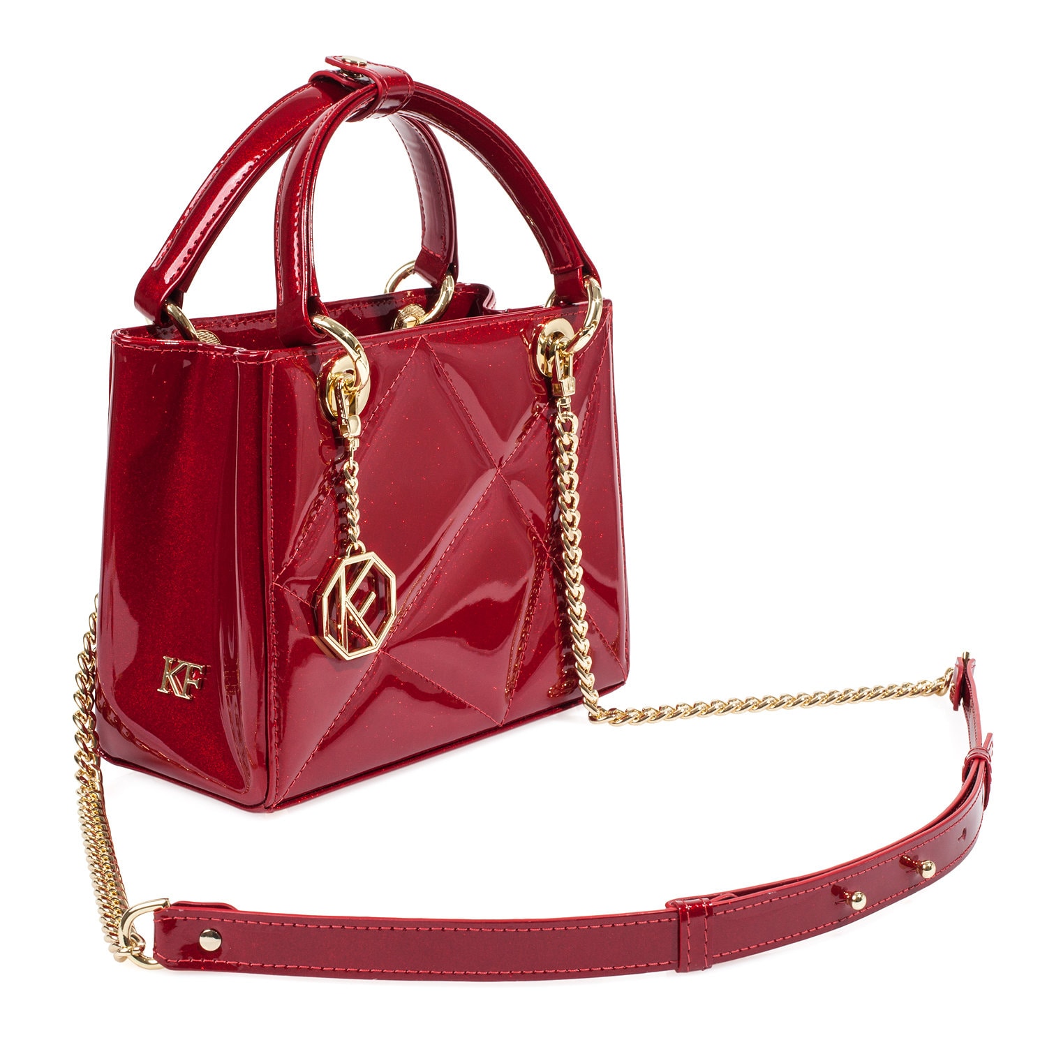 Leather Top Handle Bag, Red Patent Leather Handbag, Women's Leather Bag KF-5027 - Image 2